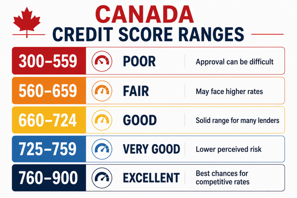 Canadian credit score ranges from poor to excellent